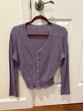 Lilac V-Neck Button-Front Cable Knit Sweater